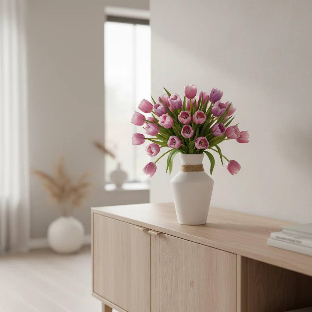 Vase mit Sisalkordel verziert auf Sideboard